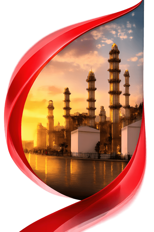 Arabo Impex refinery at golden hour, framed by a signature red ribbon